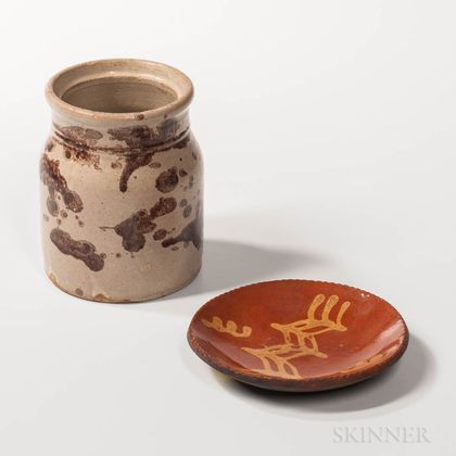 Small Slip-decorated Redware Plate and a Manganese Splotch-decorated Stoneware Jar
