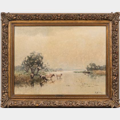 Jan Simon Knikker Sr. (Dutch, 1889-1957) Cows Watering on a Misty Day