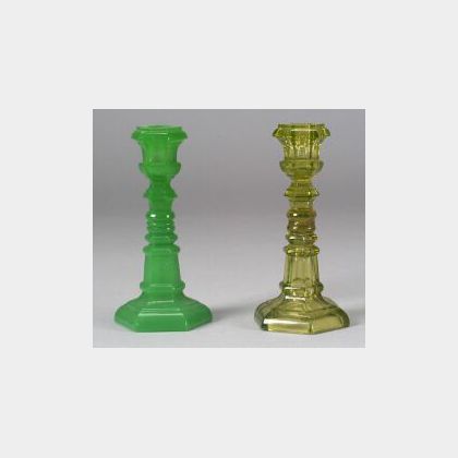 Two Colored Pressed Glass Hexagonal Candlesticks