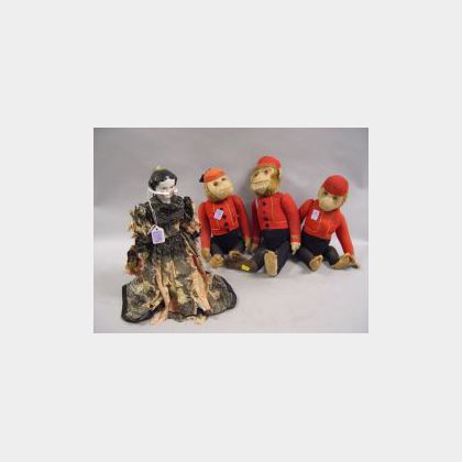 Three Toy Cloth Bellhop Monkeys and a China Head Doll. 