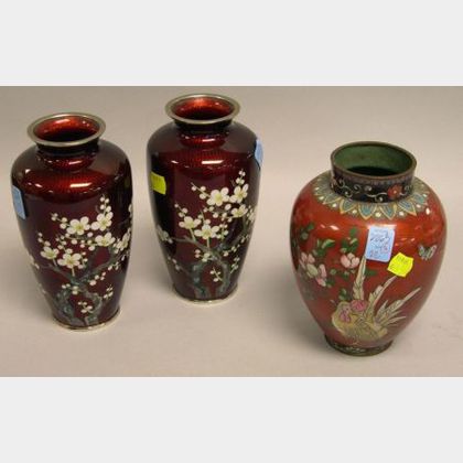 Pair of Flowering Fruit Branch Decorated Cloisonne Vases and a Rooster Decorated Cloisonne Vase. 