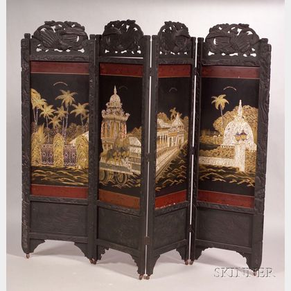 Sri Lankan Export Carved, Black-painted, and Abalone-inlaid Four-panel Floor Screen