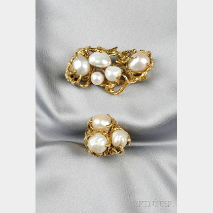 18kt Gold and Baroque Pearl Brooch and Ring, Arthur King