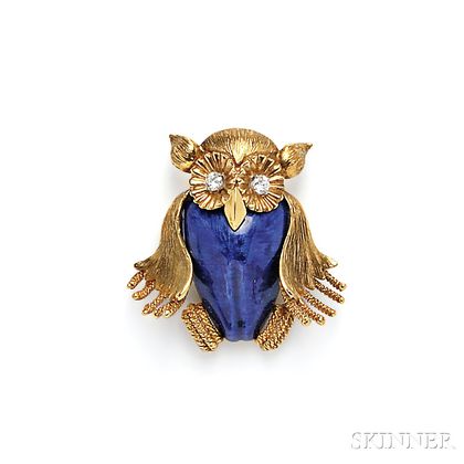 18kt Gold, Enamel, and Diamond Owl Brooch, Emis