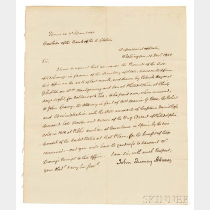 Adams, John Quincy (1767-1848) Secretarial Letter Signed, 12 December 1820.