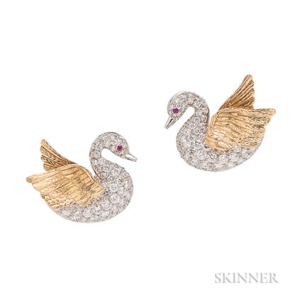 18kt Gold and Diamond Swan Earclips, Evelyn Clothier