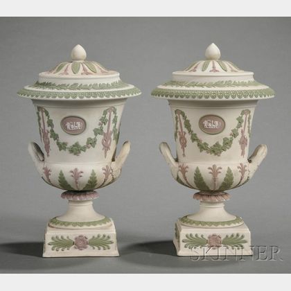 Pair of Wedgwood Three-Color Jasper Vases and Covers