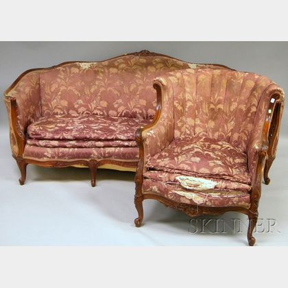 Rococo-style Upholstered Carved Maple Sofa and Bergere. 