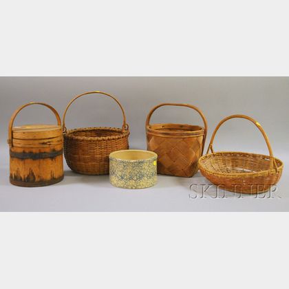Three Woven Open Baskets, a Blue Spongeware Butter Crock, and a Wooden Firkin. 