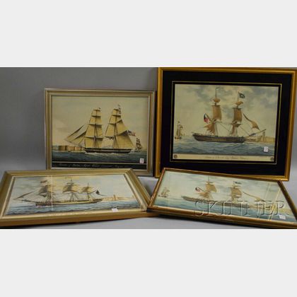 Four Framed Reproduction Marine Prints and a Contemporary Half-hull Model Plaque. 