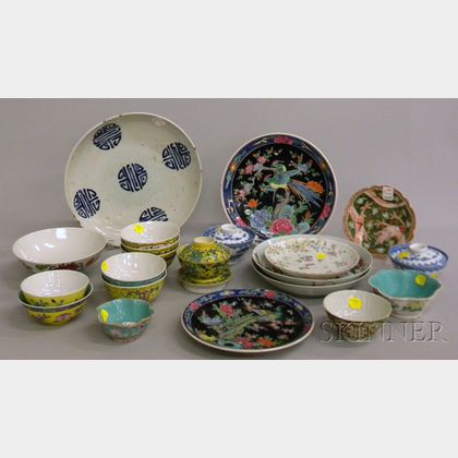 Twenty-one Chinese and Asian Enamel-decorated Porcelain Bowls, Plates, and Dishes