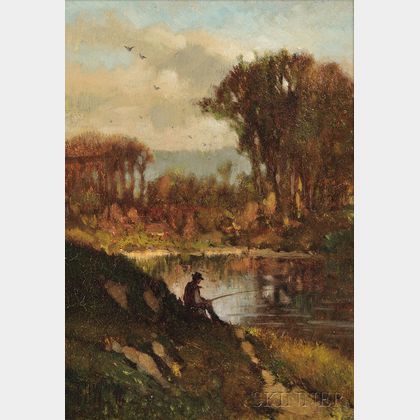 Frederick Dickinson Williams (American, 1829-1915) Autumn Landscape with Fisherman