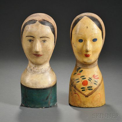 Two Painted Papier-mache Milliner's Heads