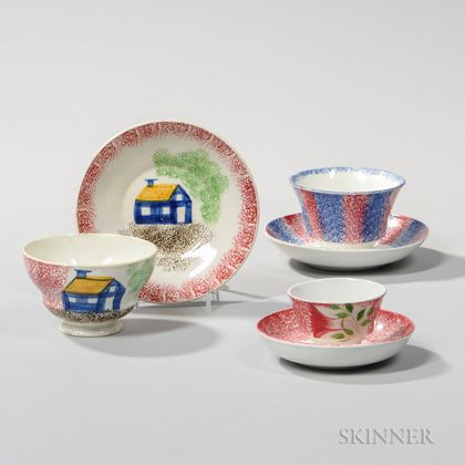 Three Spatterware Teacups and Saucers