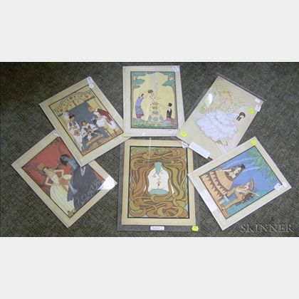 Six Unframed Art Nouveau and Art Deco Style Watercolor and Gouache on Paper of Genre Scenes