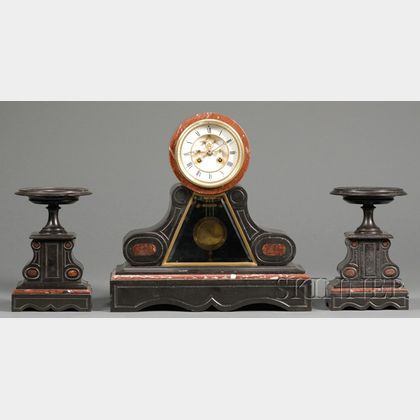 Belgian Slate and Marble Three-Piece French Clock Garniture
