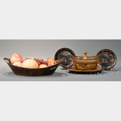 Tinware Covered Chestnut Basket, Bread Basket with Wax Fruit, and Two Small Papier-mache Plates