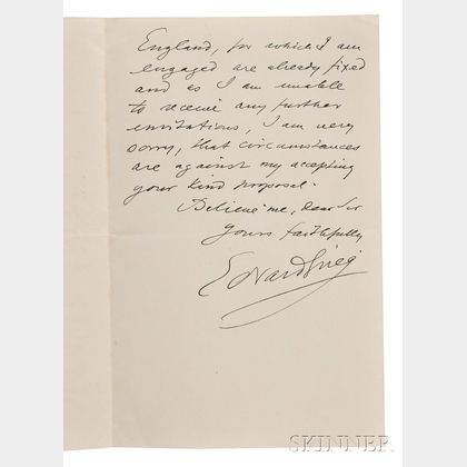 Grieg, Edvard (1843-1907) Autograph Letter Signed, Kristiania, 1906.