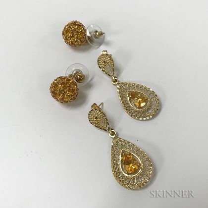 Two Pairs of 14kt Gold and Citrine Earrings
