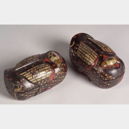 Pair of Carved Duck-form Wood Boxes