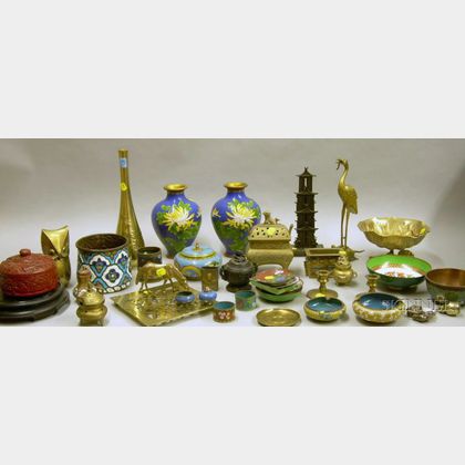 Twenty-three Pieces of Asian Enamelware, a Cinnabar Box, and Fifteen Pieces of Asian Brass and Metal Table and Figural Items