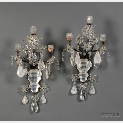 Pair of Baroque-style Rock Crystal and Colorless Glass Three Light Sconces