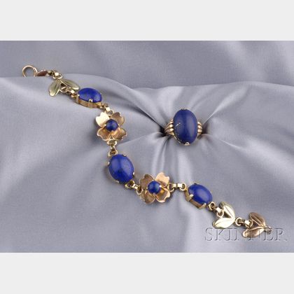 Retro 14kt Gold and Lapis Bracelet and Ring, Tiffany & Co.