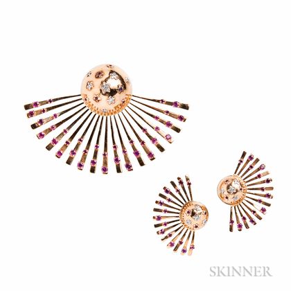 Suite of 14kt Gold, Ruby, and Diamond "Sputnik" Jewelry