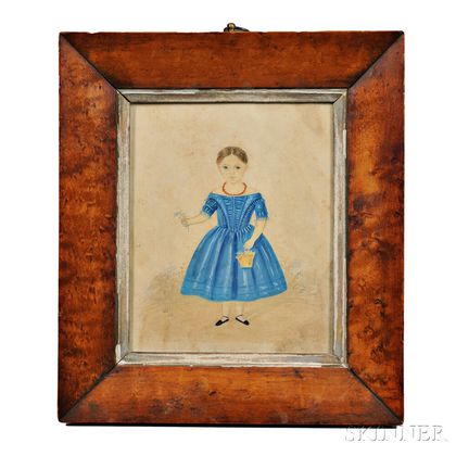 Anglo-American School, Early 19th Century Miniature Portrait of a Girl in Blue Dress Wearing Coral Beads