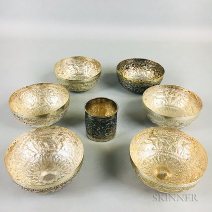 Six Silver Bowls and a Cylindrical Cup