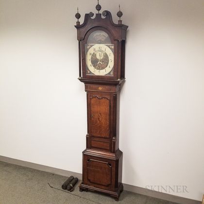 English Inlaid Oak and Mahogany Veneer Tall Case Clock