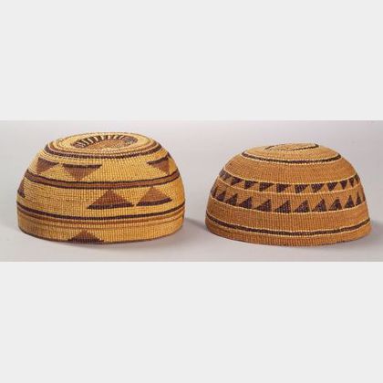 Two Northern California Polychrome Twined Basketry Hats