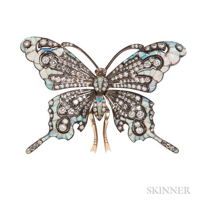 18kt Gold, Opal, and Diamond Butterfly Brooch, Evelyn Clothier