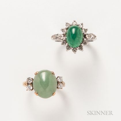 14kt White Gold, Emerald, and Diamond Ring and a 14kt Gold, Jadeite, and Diamond Ring