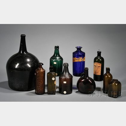 Ten Assorted Colored Blown and Blown-molded Glass Bottles