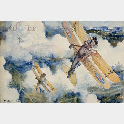 John Lavalle (American, 1896-1971) Two Biplane Dogfight Scenes.