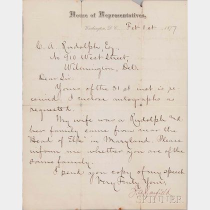 Garfield, James A. (1831-1881) Letter Signed, Washington D.C., 1 February 1877.