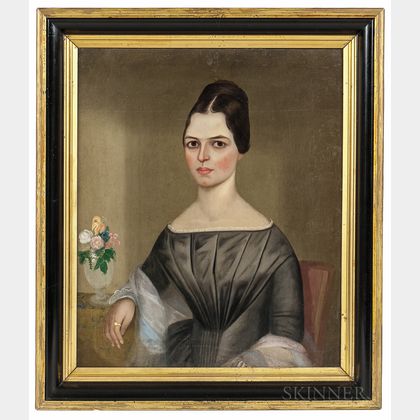 American School, 19th Century Portrait of Ruth Eliza Gates in a Gray Dress with Small Vase of Flowers