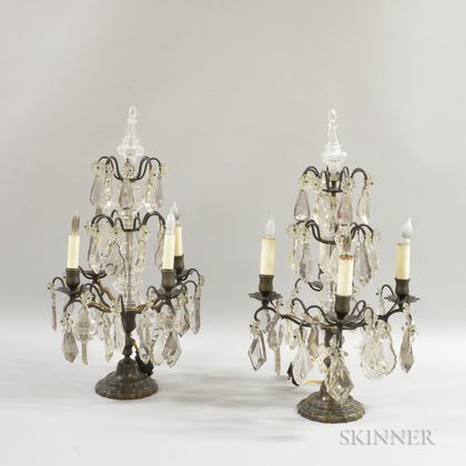 Pair of Brass and Glass Four-light Candelabra