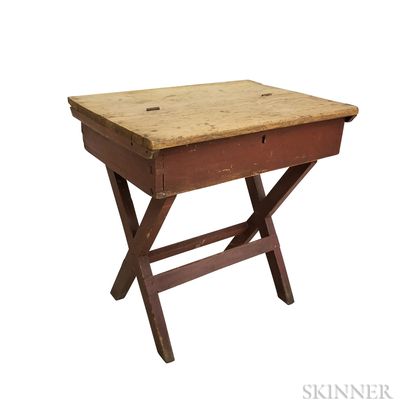 Red-painted Pine Sawbuck-base School Desk