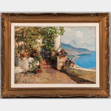 Mario Maresca (Italian, 1877-1959) View of the Coast from a Verdant Terrace