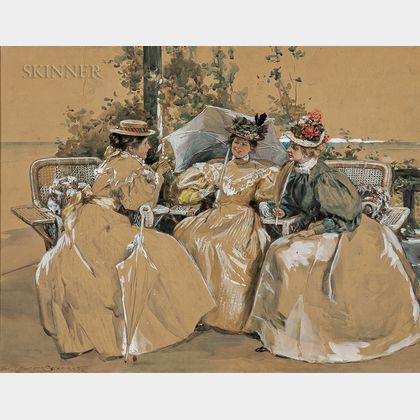 Alice Barber Stephens (American, 1858-1932) Three Elegant Seated Ladies with Parasols