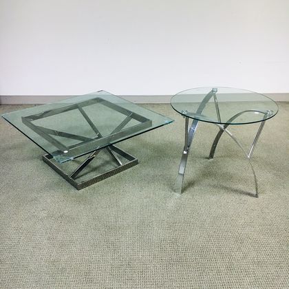 Two Modern Glass-top Chromed Metal Tables