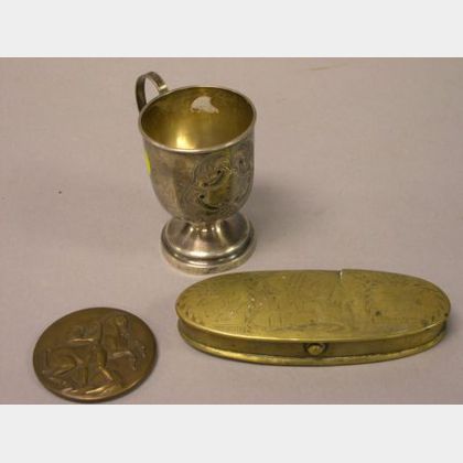 Coin Silver Footed Mug, Michael Lantz Bronze Medal, and an Oval Etched Brass Tobacco Box