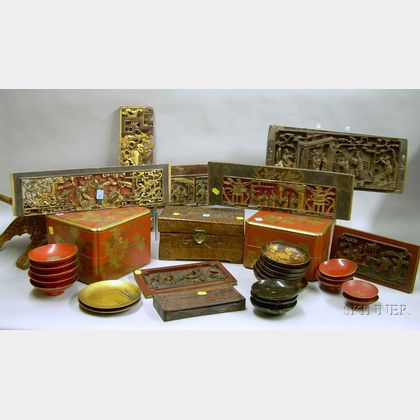 Large Group of Asian Lacquerware and Carved Wooden Articles