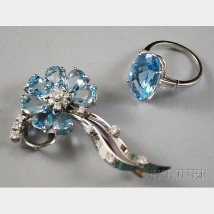 Platinum, Aquamarine, and Diamond Ring and Brooch
