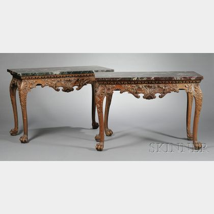 Pair of George III-style Marble-top Pine Pier Tables