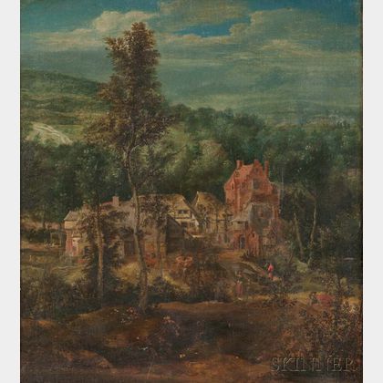 Flemish School, 16th Century Style Landscape with View to a Village Square