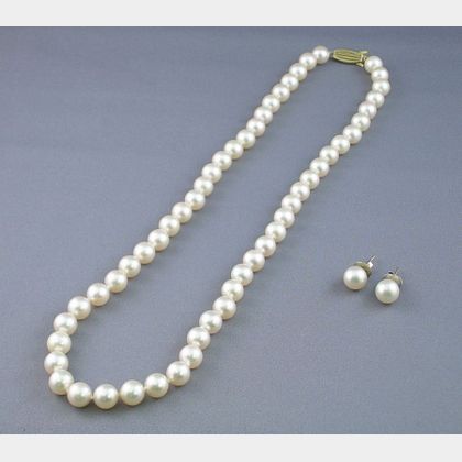 Single Strand Pearl Necklace and a Pair of Earstuds. 