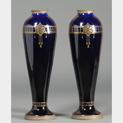 Pair of Boch Fres Keramis Art Nouveau Cobalt Blue Earthenware Vases